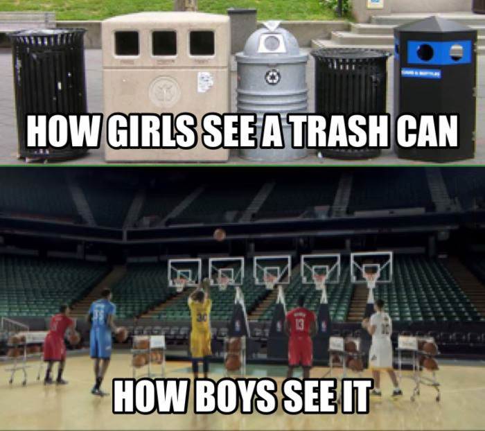 how girls see a trash can, how boys see it, basketball, meme