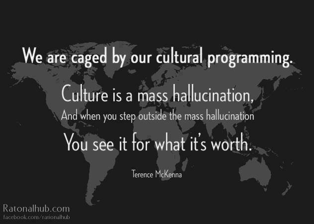we are caged by our cultural programming, culture is a mass hallucination and when you step outside the mass hallucination you see it for what it's worth, terrence mckenna, quote, life