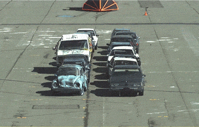 truck with car plough shield destroys two lines of vehicles, gif