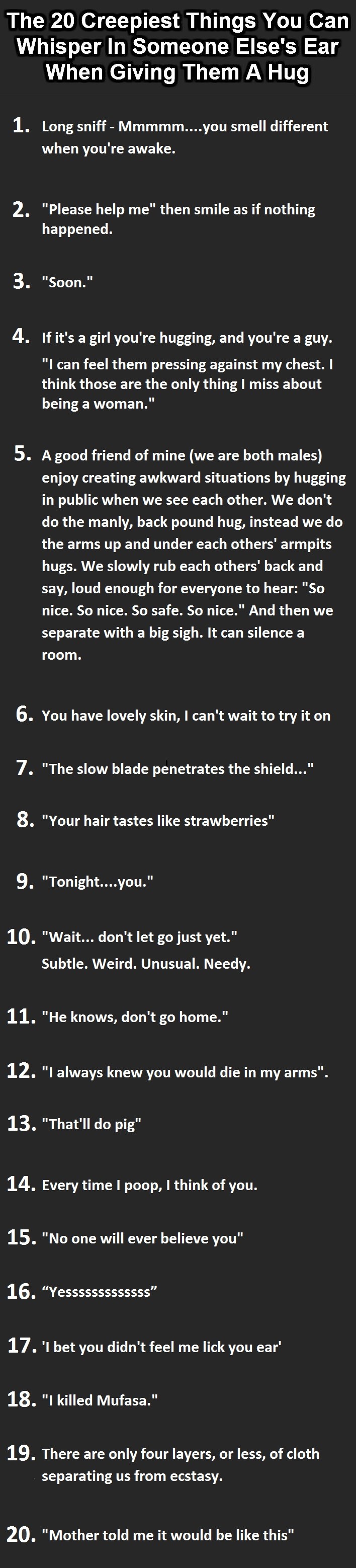 the 20 creepiest things you can whisper in someone else's ear when giving them a hug