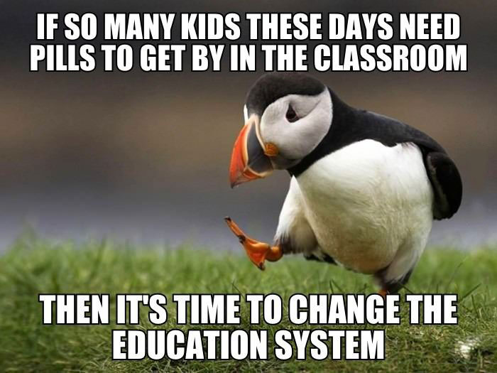 if so many kids these days need pills to get by in the classroom then it's time to change the education system, unpopular opinion puffin, meme