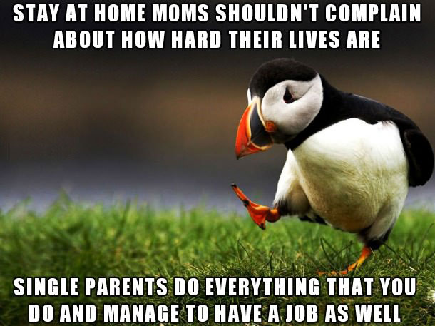 stay at home moms shouldn't complain about how hard their lives are, single parents do everything that you do and manage to have a job as well, unpopular opinion puffin, meme