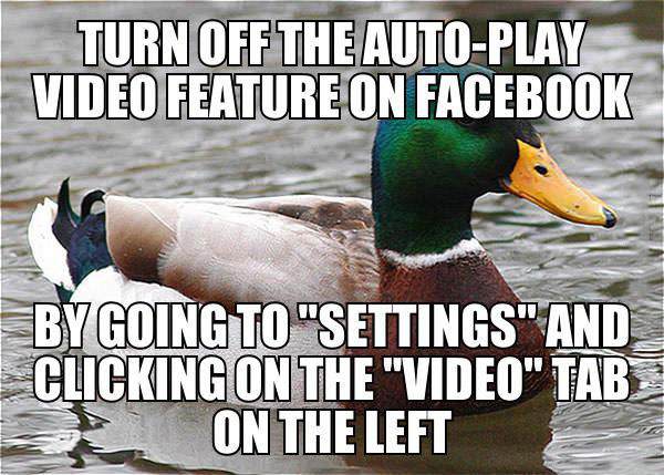 turn off the auto-play video feature on facebook by going to settings and clicking on the video tab on the left, actual advice mallard, meme