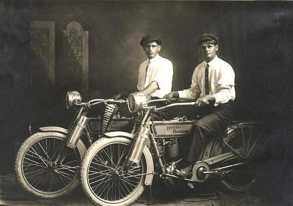 william harley and arthur davidson, 1914 - the company was founded in 1903 and demand for motorcycles grew starting with wwi
