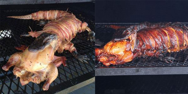 only in australia - bacon-wrapped crocodile with a whole chicken in its mouth, exotic food porn
