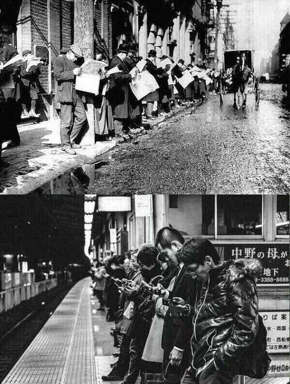 nothing has changed, people waiting for public transportation then and now, reading the news