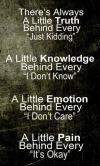there is always a little truth behind every just kidding, a little knowledge behind every i don't know, a little emotion behind every i don't care, a little pain behind every it's okay