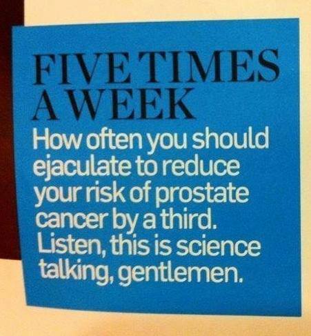 five times a week is how often you should ejaculate to reduce your risk of prostate cancer by a third, listen this is science talking gentlemen