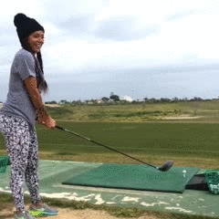 golf swing fail, girl trips on ledge during swing