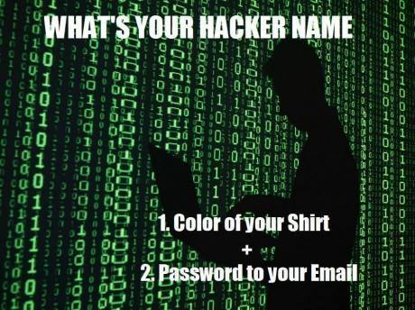 what's your hacker name?, color of your shirt and password to your email, gullible, troll, lol