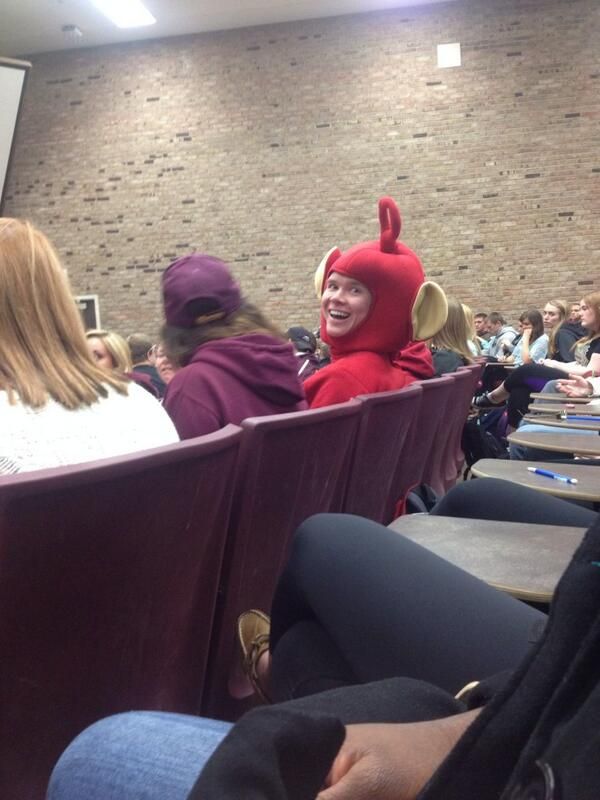 tele tubby in class, wtf, costume