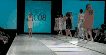 model falls through floor on runway, catwalk fail, ouch