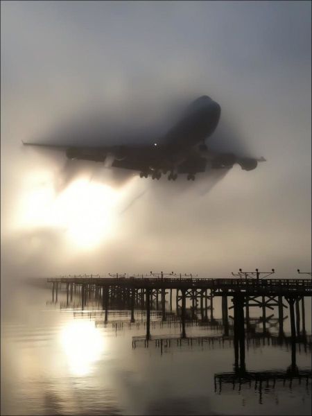 plane landing in fog