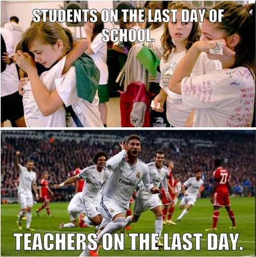 students on the last day of school, teachers on the last day of school, soccer goal celebration