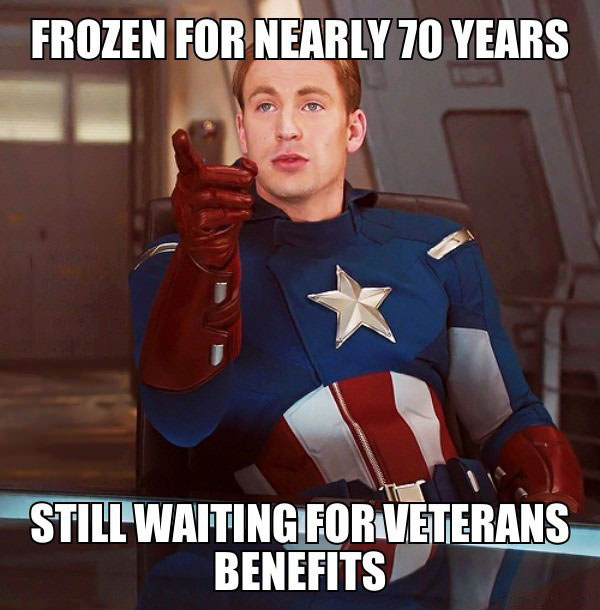 frozen for nearly 70 years, still waiting for veterans benefits, captain america meme