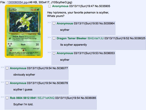 your favorite pokemon is scyther, whats yours?