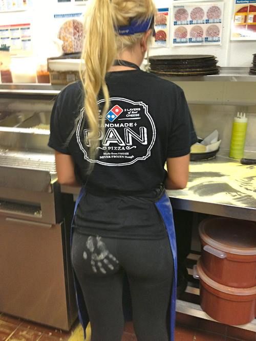 dominos girl with flour hand on her ass