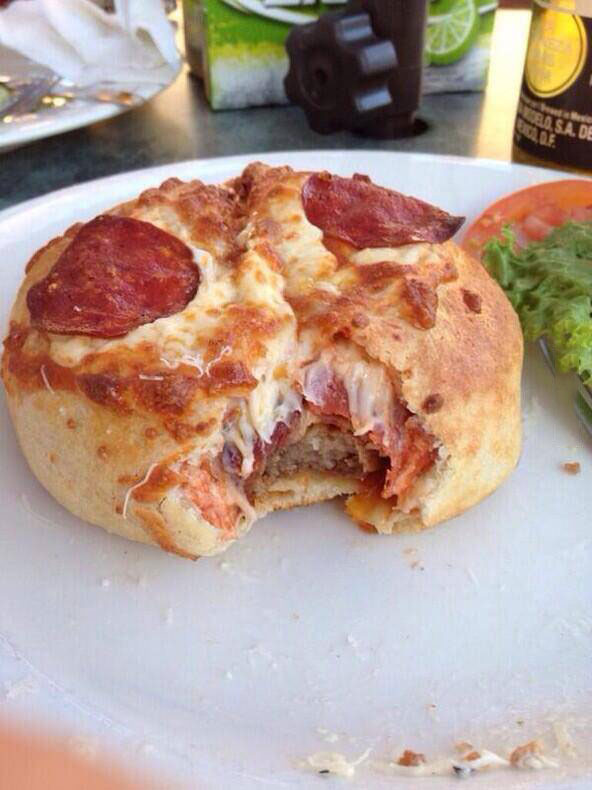 i present to you the pepperoni pizza burger, food porn