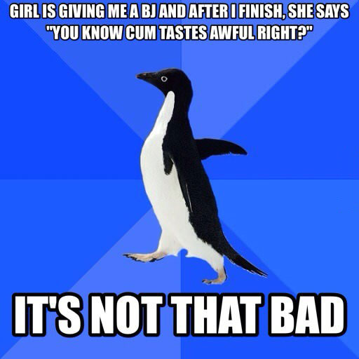 girl is giving me a bj and after i finish she says: you know cum tastes awful right?, it's not that bad, socially awkward penguin, meme