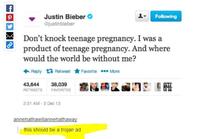 justin bieber on the benefits of teenage pregnancy, twitter, comment, lol