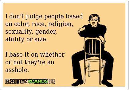 i don't judge people based on color race religion sexuality gender ability or size, i base it on whether or not they're an asshole, ecard
