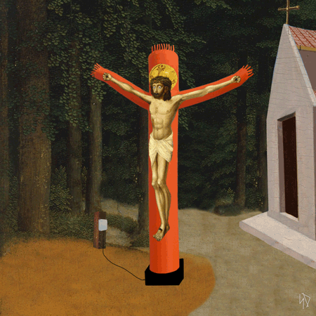 this picture represents blasphemy to the extreme, jesus dancing inflatable tube man