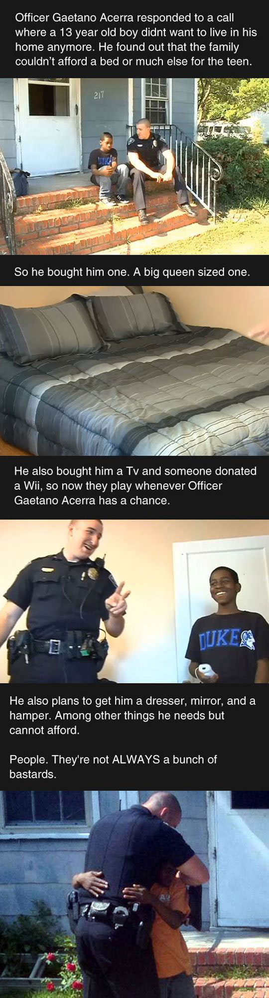 good guy cop, officer gaetano acerra responded to a call where a 13 year old boy didn't want to live in his home anymore, story