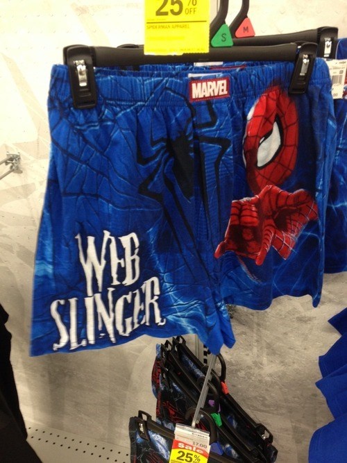 appropriate super hero boxer shorts, spiderman, web slinger, suggestive