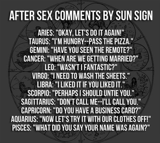 after sex comments by sun signs, horoscope, astrology