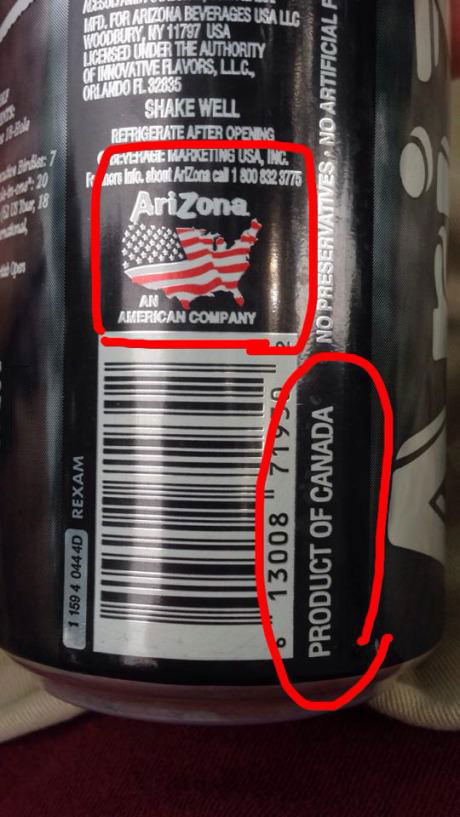misleading beverages, arizona, product of canada