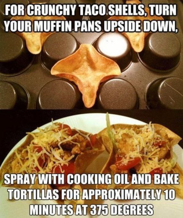 for crunchy taco shells, turn your muffin pan upside down, spray with cooking oil and bake tortillas for approximately 10 minutes at 375 degrees, life hack