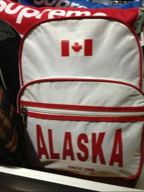 alaska back sac with canadian flag on it, product fail