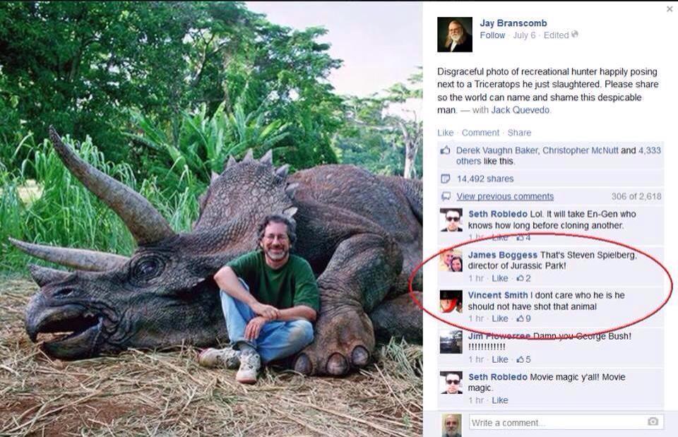steven spielberg criticized for the triceratops he just slaughtered, facebook, stupid
