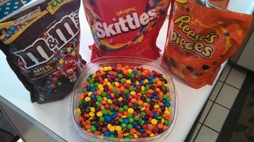 trolling with m&ms skittles and reeses pieces all mixed together, prank, candy