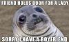 friend holds door for a lady, sorry i have a boyfriend, awkward moment seal, meme