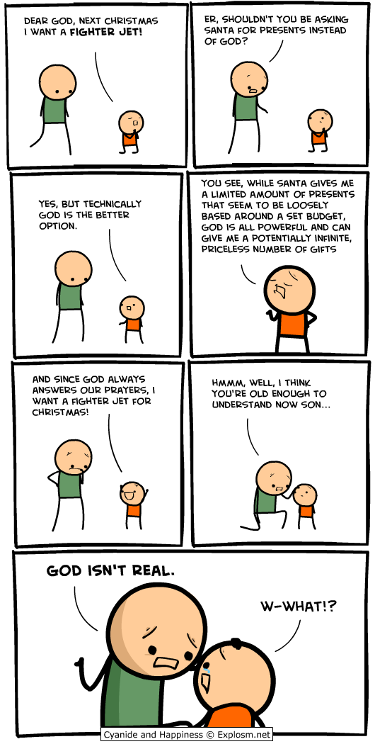 god and santa claus have something in common, cyanide and happiness, god isn't real, comic, atheism