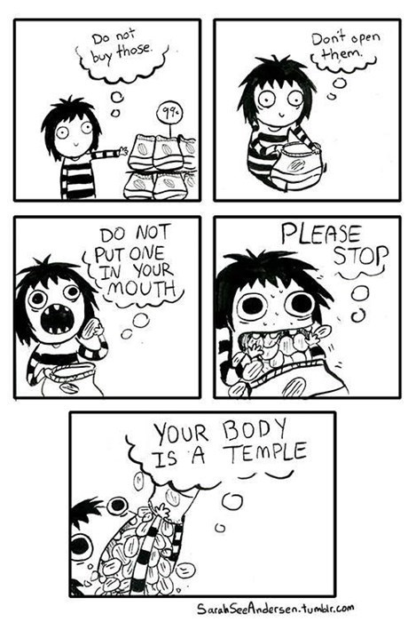 your body is a temple, buying opening and eating chips, comic