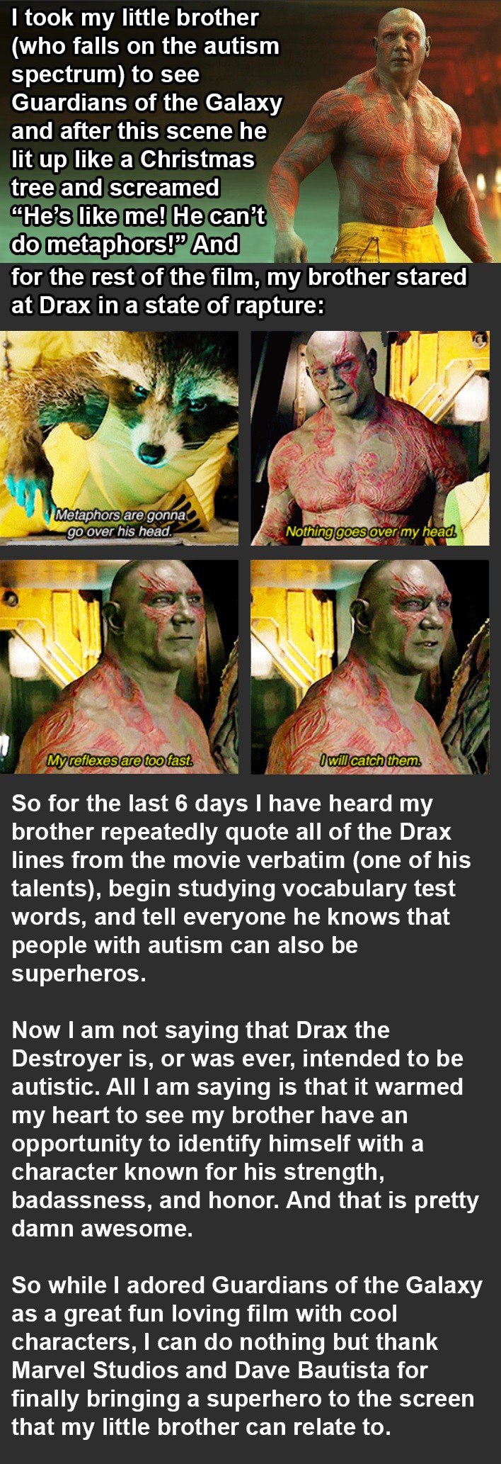 something you never realized about guardians of the galaxy, drax is sort of autistic