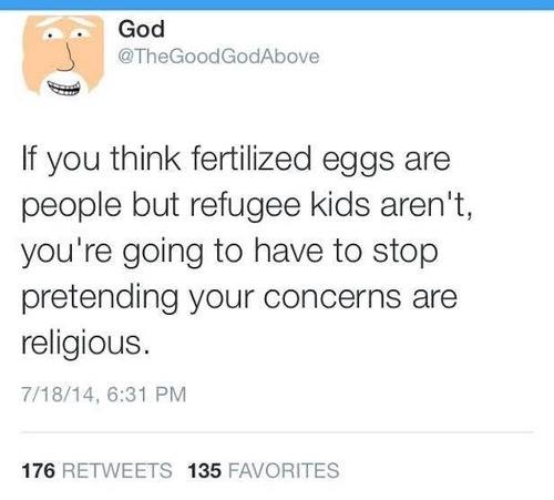 if you think fertilized eggs are people but refugee kids aren't, you're going to have to stop pretending your concerns are religious, twitter, thegoodgodabove