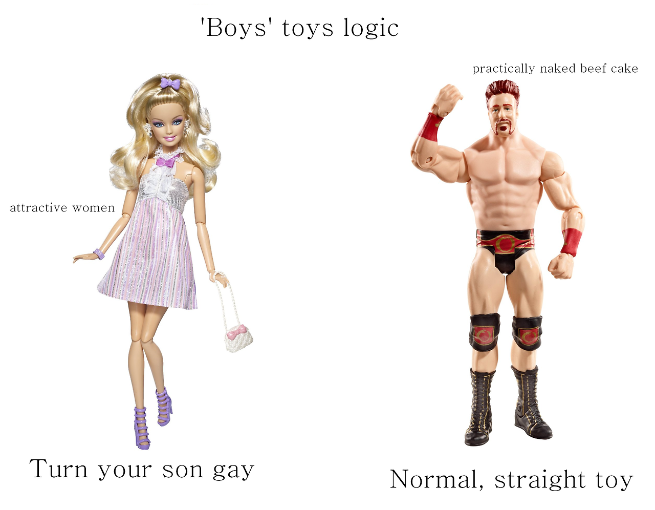boys toys logic, attractive women turns your son gay, practically naked beef cake, normal straight toy