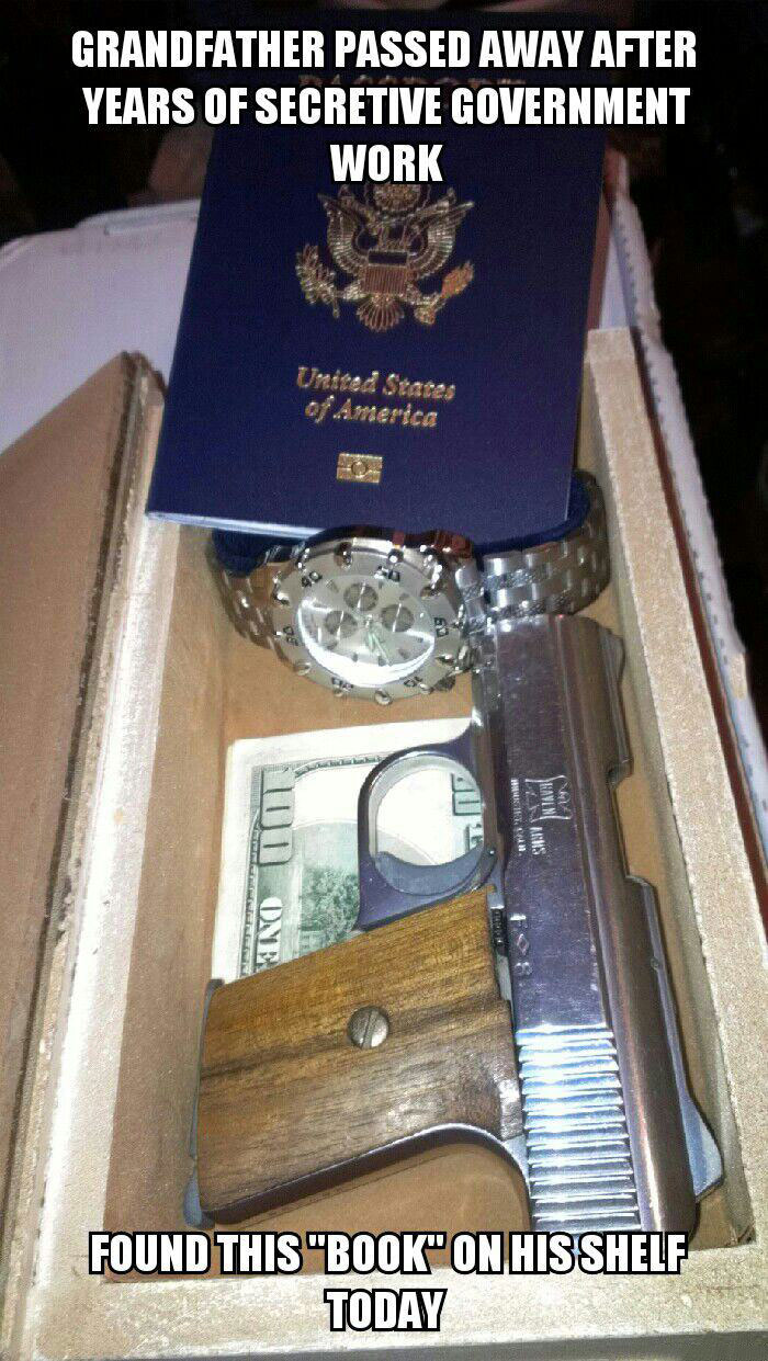 grandfather passed away after years of secretive governement work, found this book on his shelf today, gun, money, passport, watch
