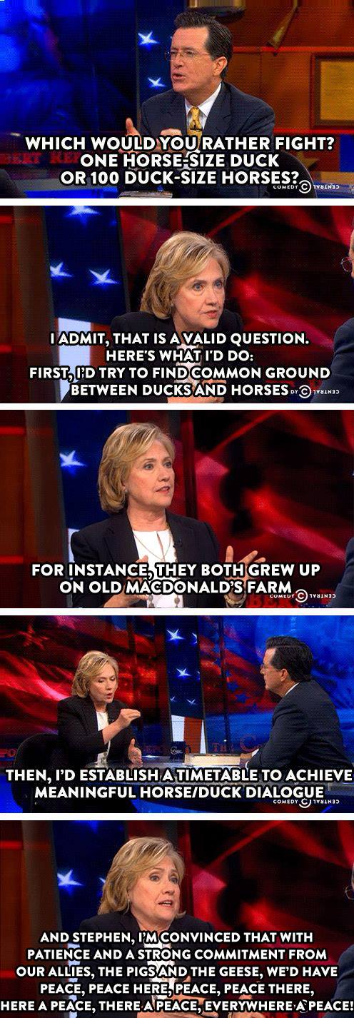 hard choices author hillary clinton engages stephen colbert in an epic name-dropping battle