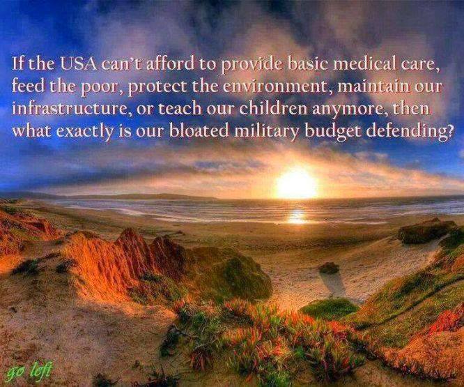 if the usa can not afford to provide basic medical care, feed the poor, protect the environment, then what exactly is our bloated military budget defending?