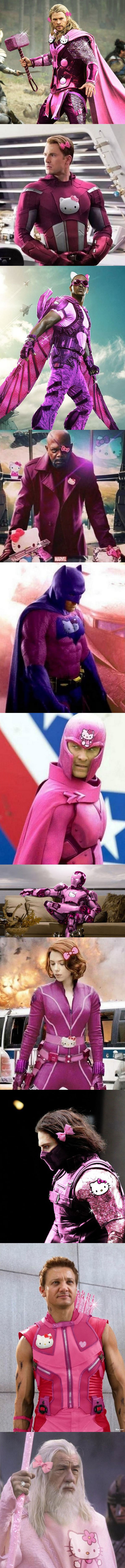 super kitty héros, marvel and dc superheros in hello kitty style suits, pink