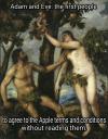 adam and eve, the first people to agree to apple terms and conditions without reading them