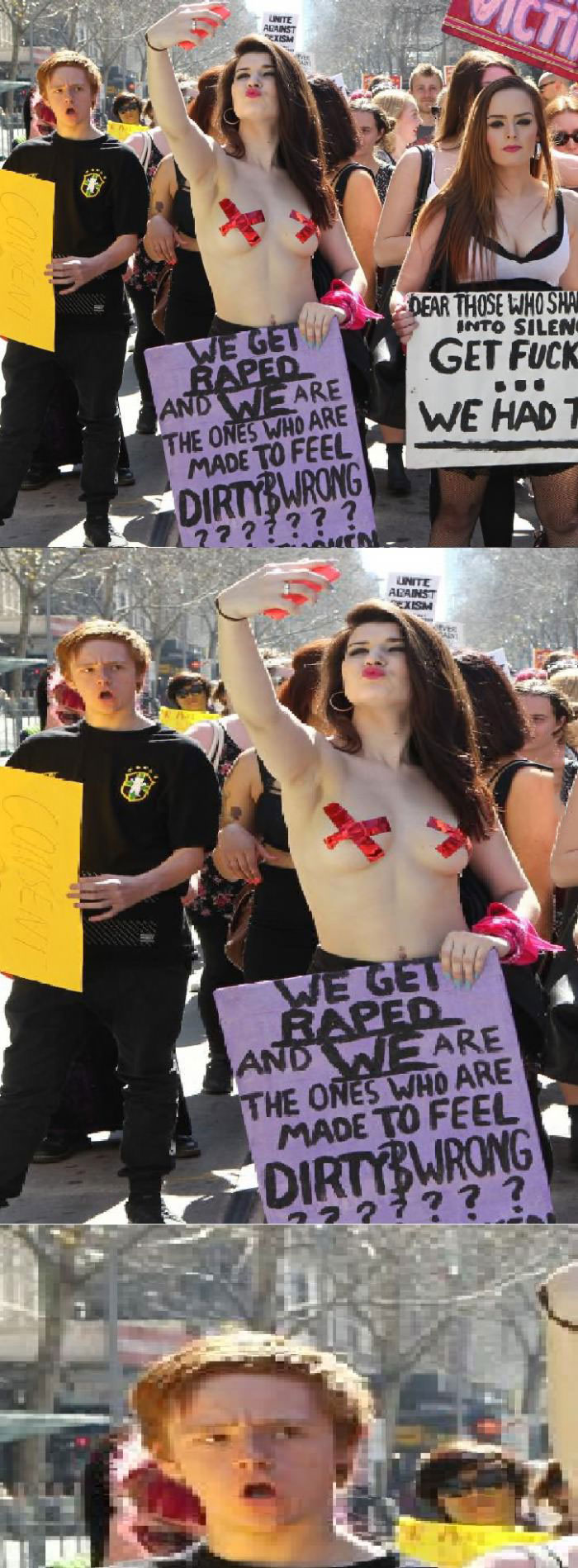 topless protester taking a selfie with surprised eyes behind her, photobomb