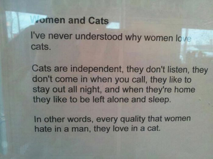 women and cats, every quality that women hate in a man they love in a cat