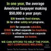 in one year the average american taxpayer making $50000 a year pays, we can afford to help the poor, not corporate welfare