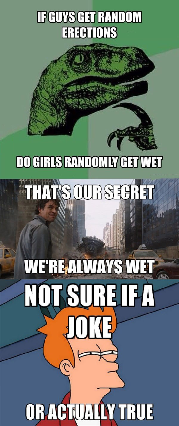 if guys get random erections, do girls randomly get wet, that's our secret, we're always wet, not sure if a joke or actually true, philoceraptor, bruce banner, skeptical fry, meme