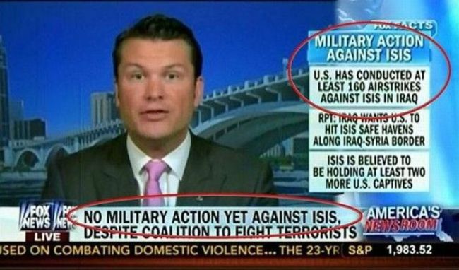 fox news cognitive dissonance, us has conducted at least 160 airstrikes against isis in iraq, no military action yet against isis despite coalition to fight terrorists, fail